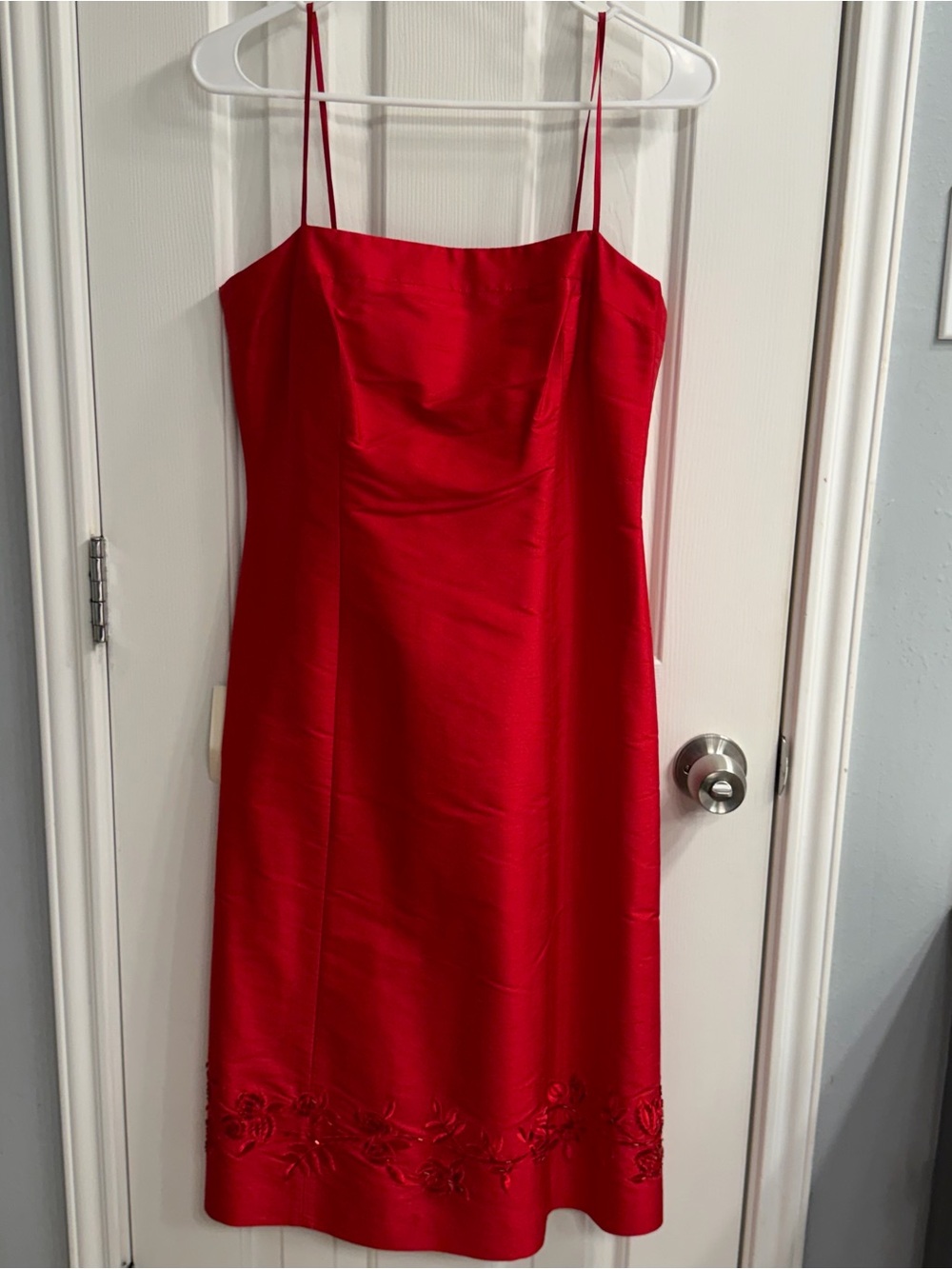 Ann Taylor Vintage Red Satin Spaghetti-Strap Mini Dress with Floral Hem